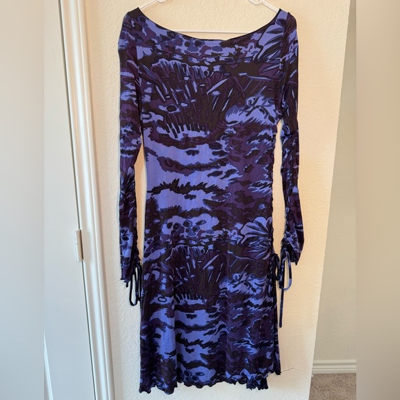 Etro Floral Blue Camouflage Scoop Neck Long Sleeve Dress Womens Size 44 - Picture 5 of 7